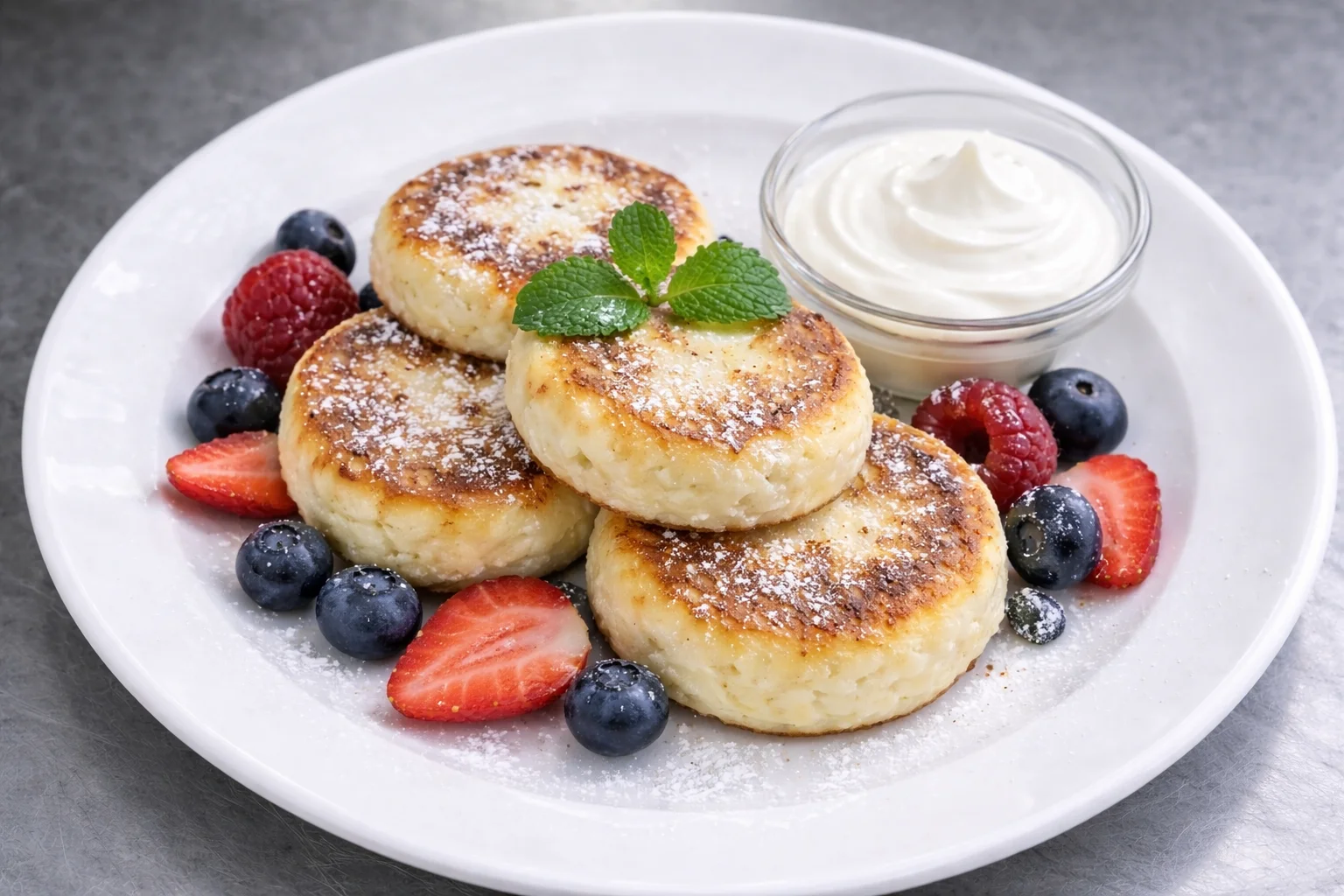 Homemade syrnyky with sour cream